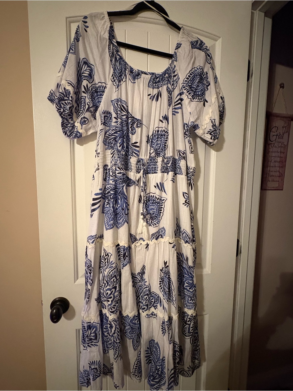 White Maxi Dress with Blue Floral Print